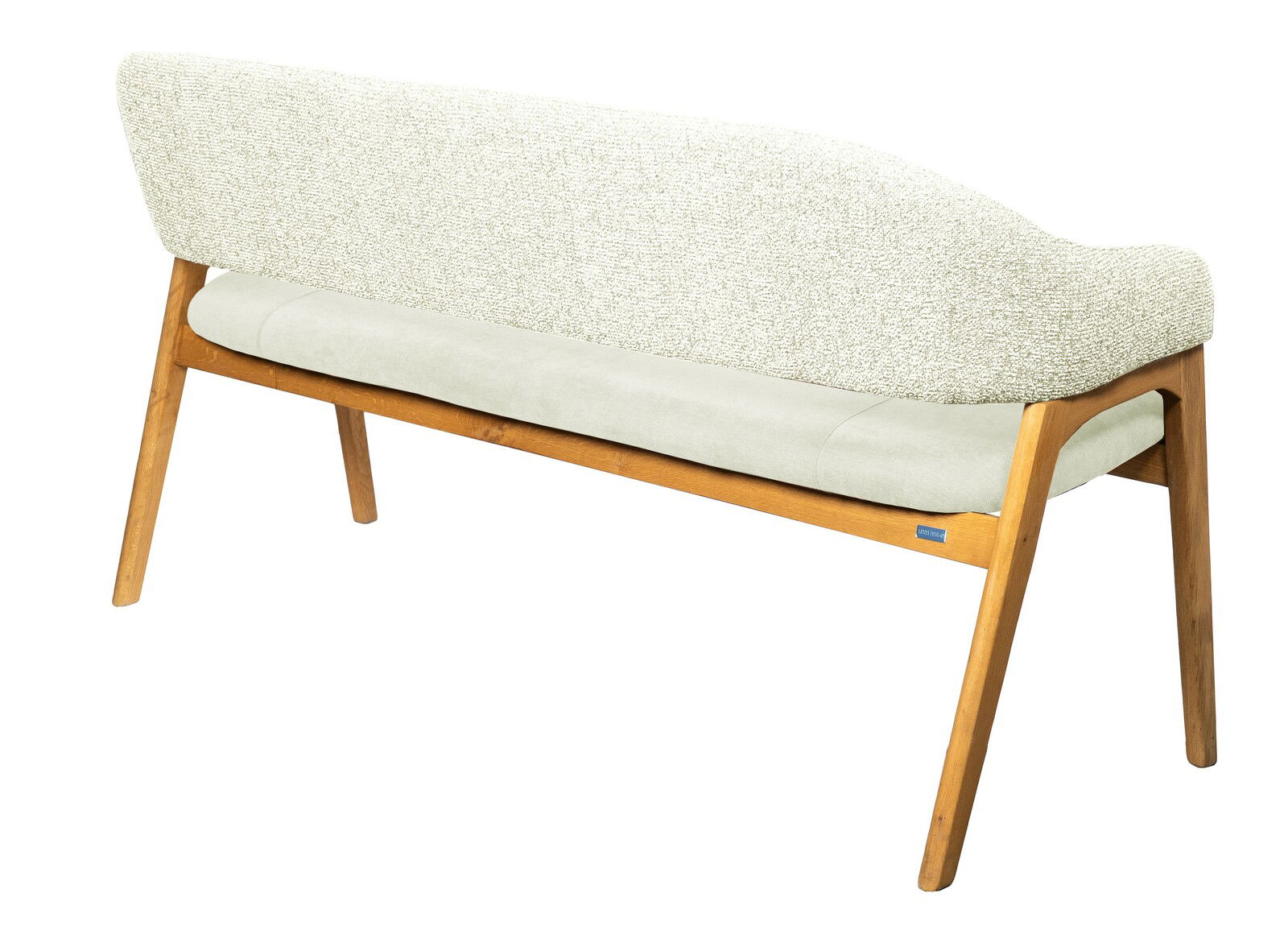 Rückansicht einer modernen Sitzbank mit hellem Stoffbezug und Holzgestell.