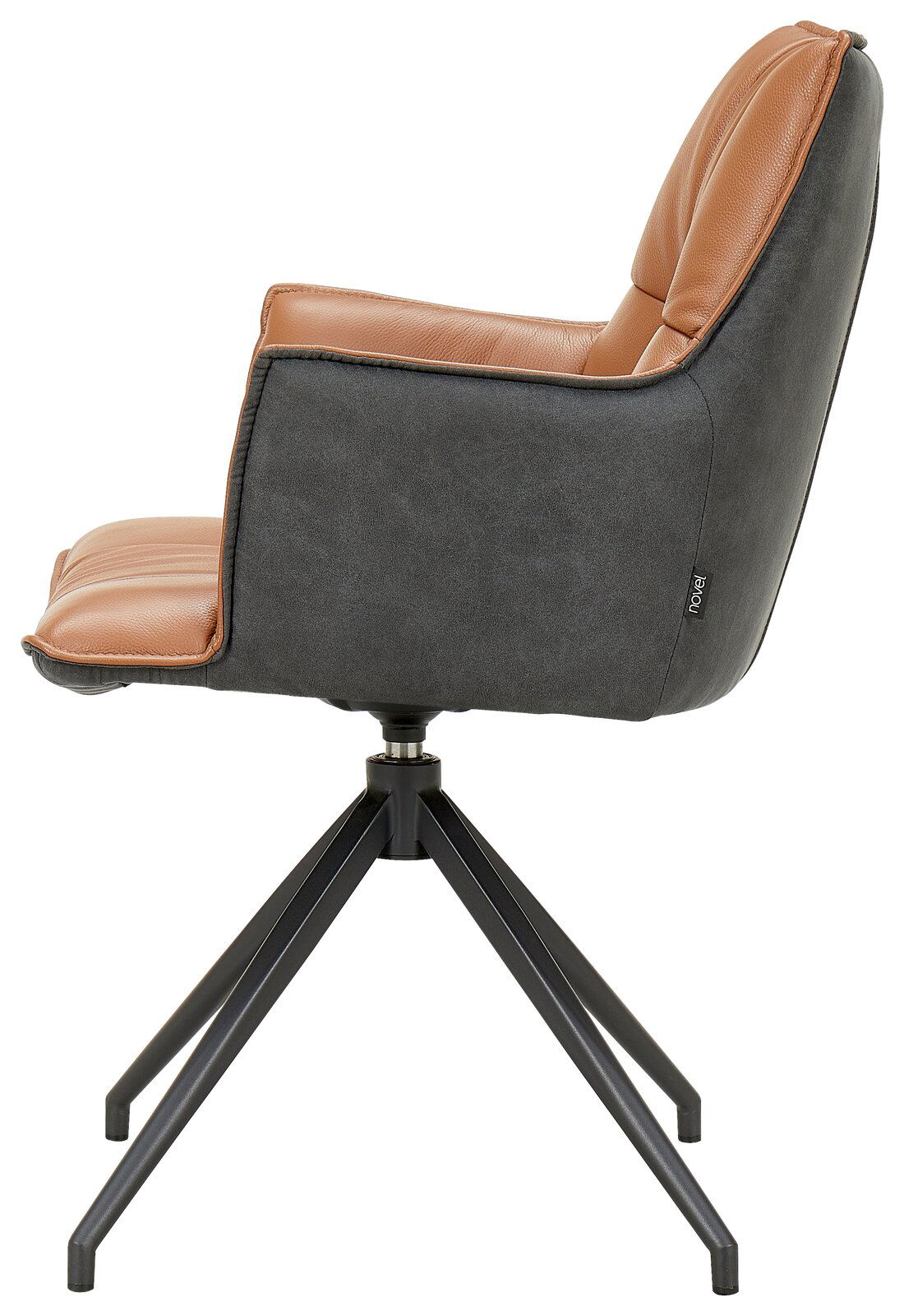 Moderner Sessel mit brauner Lederpolsterung und schwarzem Metallgestell, Seitenansicht