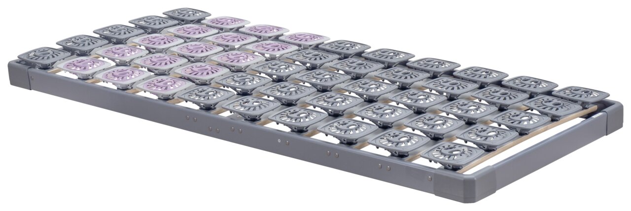 Systemrahmen 80x200 mit grauen und lila Federungselementen, seitliche Perspektive