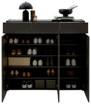 Schuhschrank in Frontalansicht mit offenen Türen, gefüllt mit verschiedenen Schuhen und dekorativen Gegenständen auf der Oberseite.