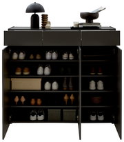 Schuhschrank in Frontalansicht mit offenen Türen, gefüllt mit verschiedenen Schuhen und dekorativen Gegenständen auf der Oberseite.