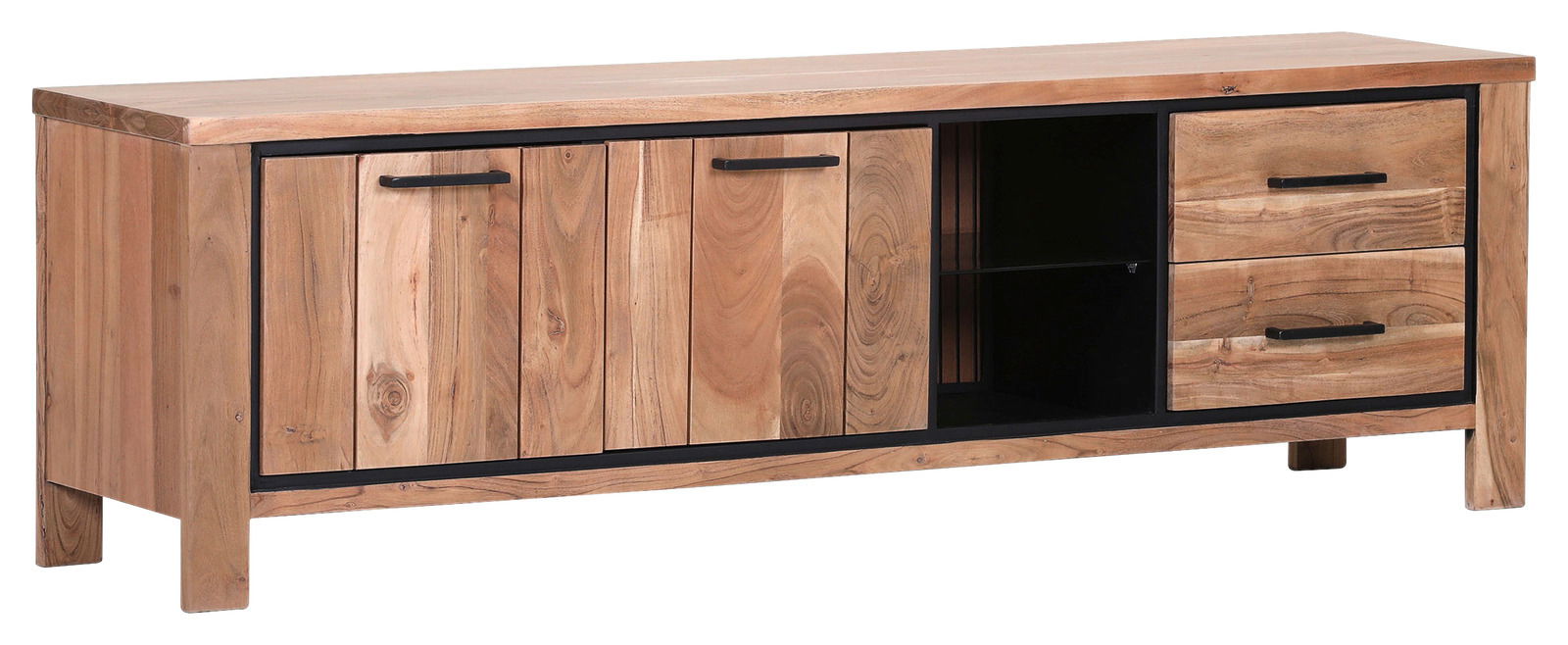 Lowboard aus Holz mit zwei Türen, zwei Schubladen und einem offenen Fach, seitliche Perspektive