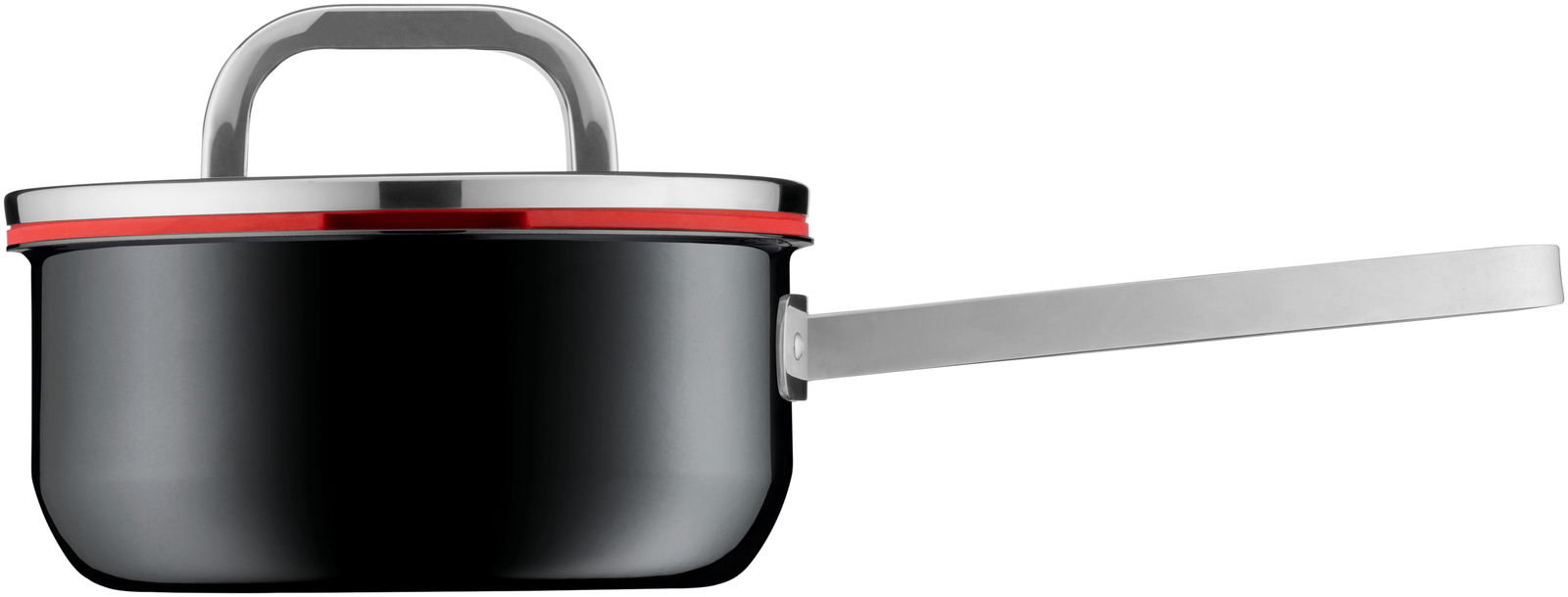 Seitliche Ansicht eines schwarzen Topfes mit Deckel und langem Griff, Teil des Topfsets Fusiontec Black 4-tlg.