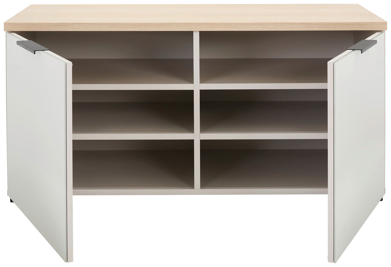 Schuhbank mit offener Frontansicht, zwei Türen und mehreren Regalfächern, helle Holzoberfläche.