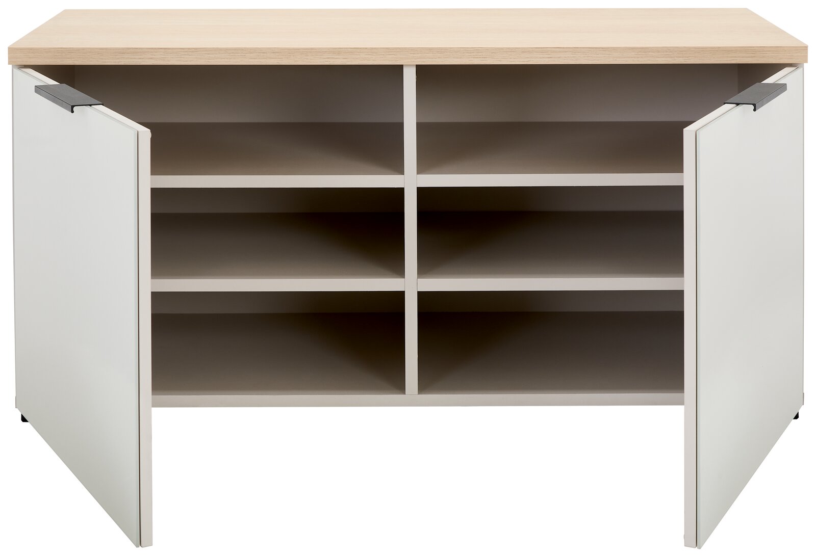 Schuhbank mit offener Frontansicht, zwei Türen und mehreren Regalfächern, helle Holzoberfläche.