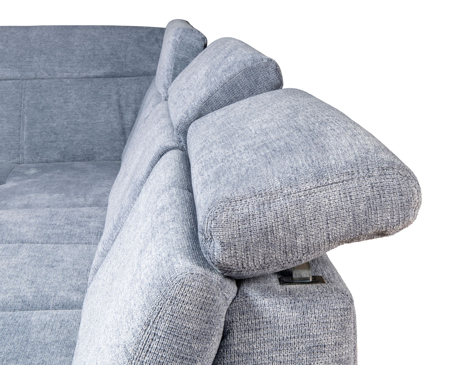 Graues Sofa mit verstellbarer Kopfstütze, seitliche Perspektive