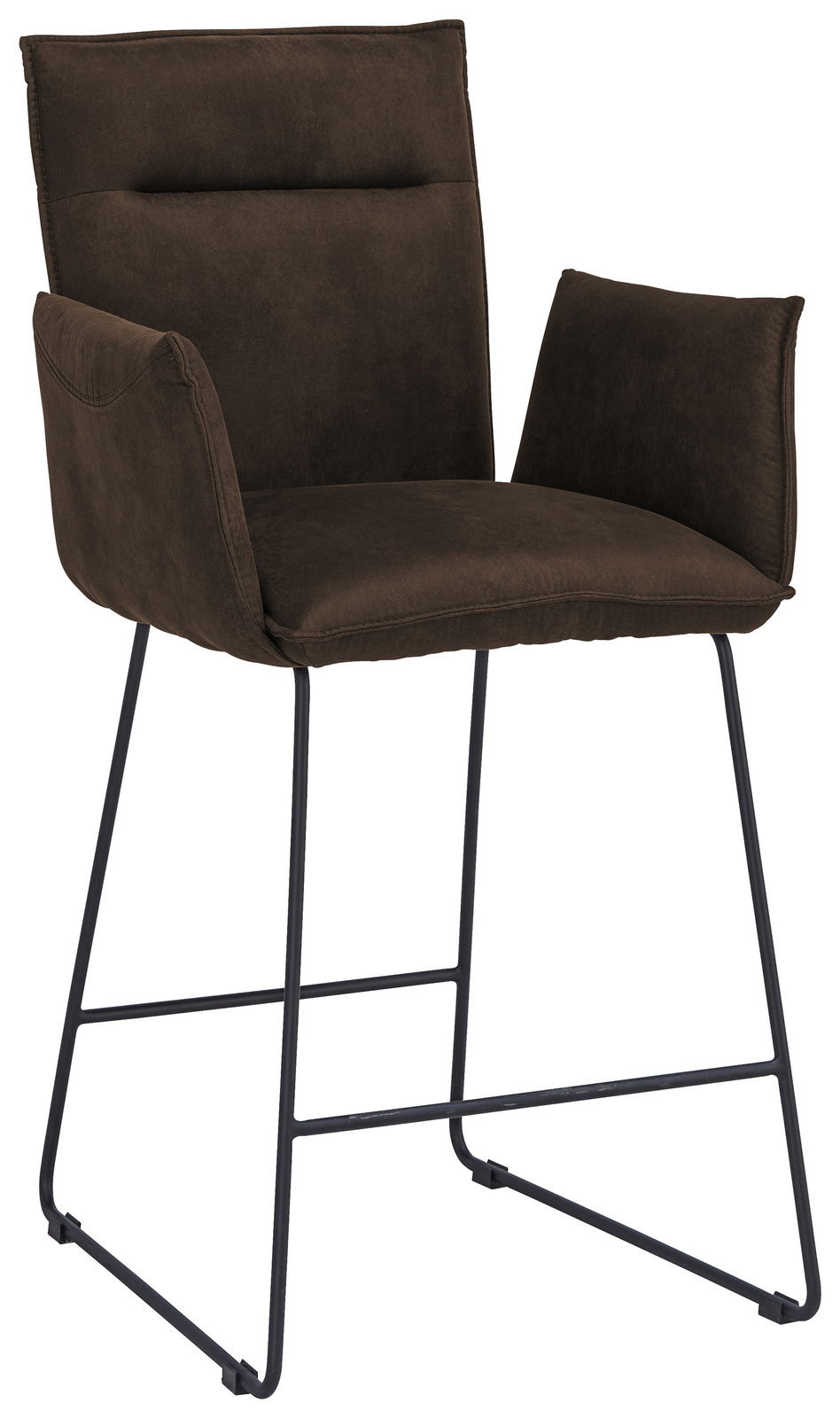 Barsessel in braunem Stoff mit schwarzem Metallgestell, seitliche Perspektive