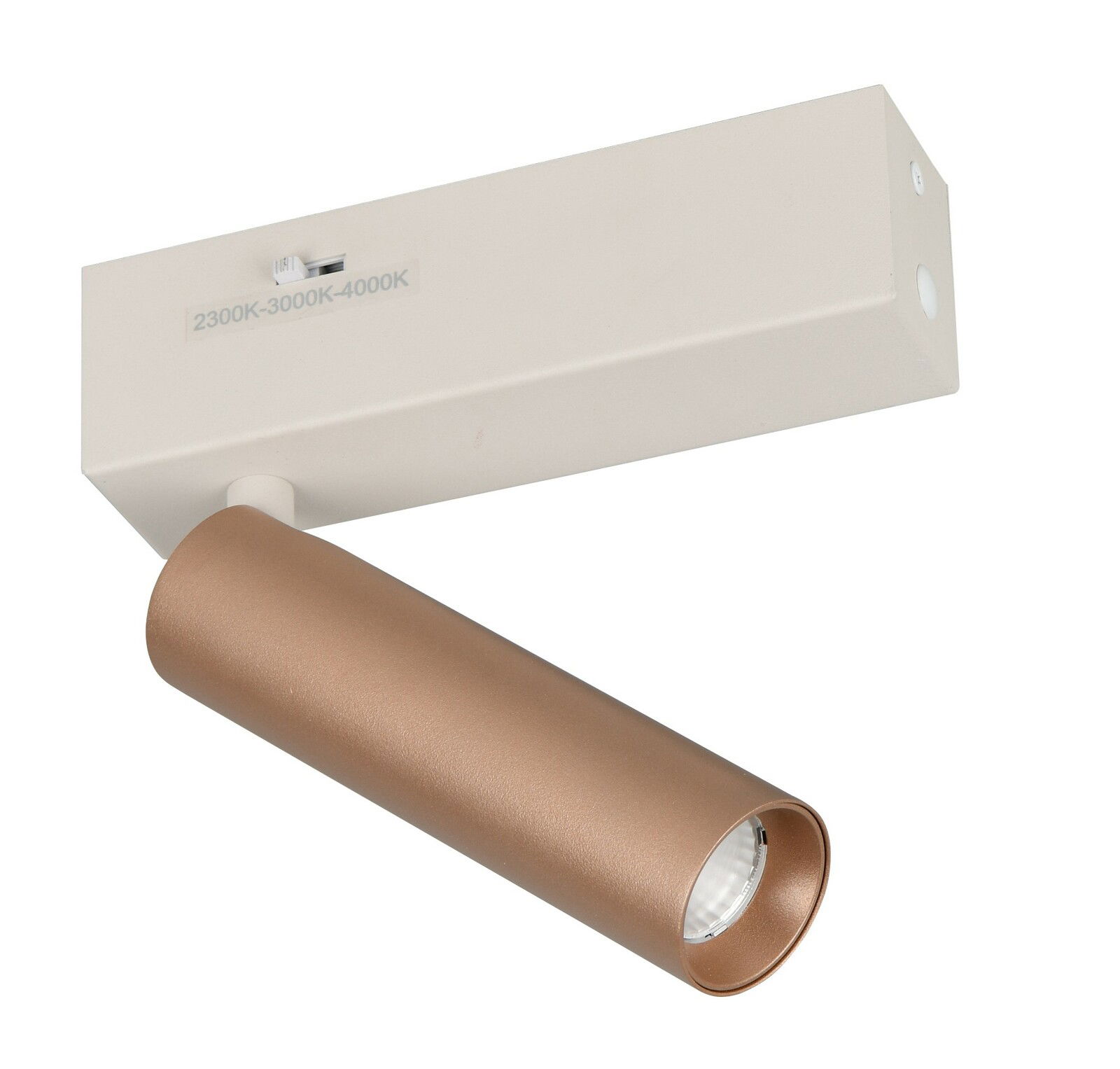 Moderner Strahler in seitlicher Perspektive mit zylindrischem, bronzefarbenem Leuchtkörper und rechteckiger, weißer Basis.