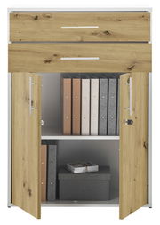 Aktenschrank niedrig mit zwei Schubladen und zwei Türen, aus Holzoptik, gefüllt mit Ordnern und einer Box, Frontalansicht