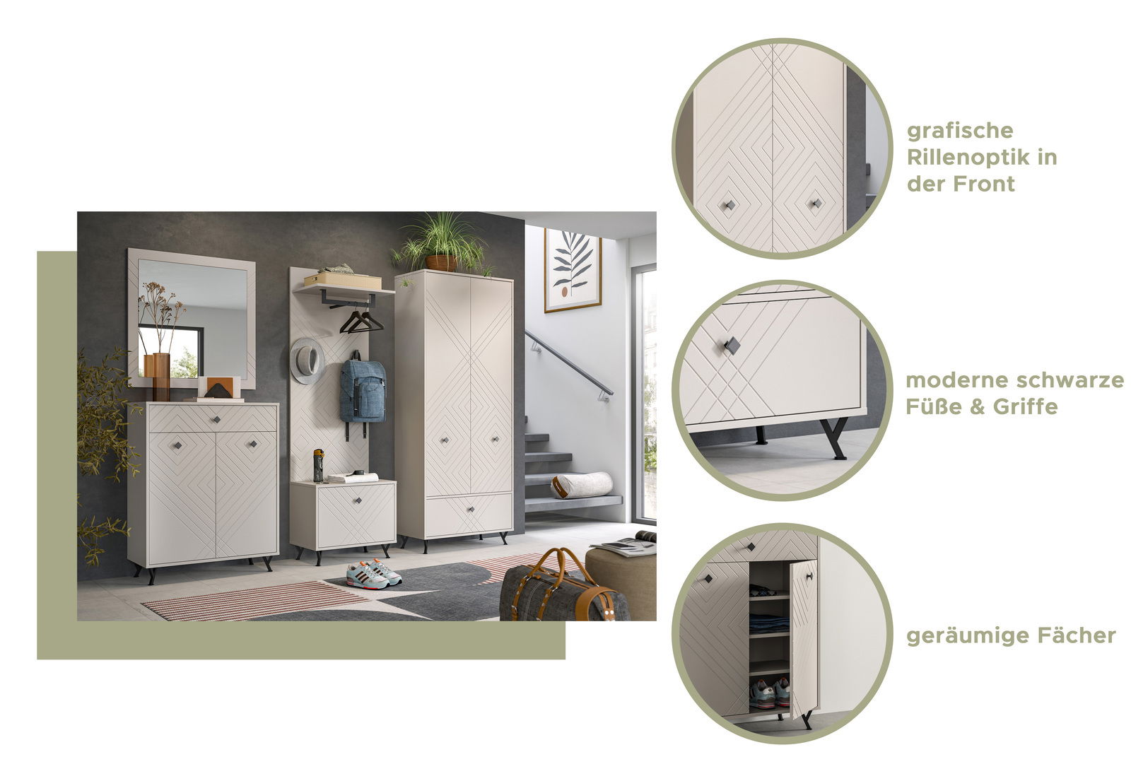 Garderobenkombination mit grafischer Rillenoptik in der Front, modernen schwarzen Füßen und Griffen, sowie geräumigen Fächern. Perspektive: Frontalansicht.