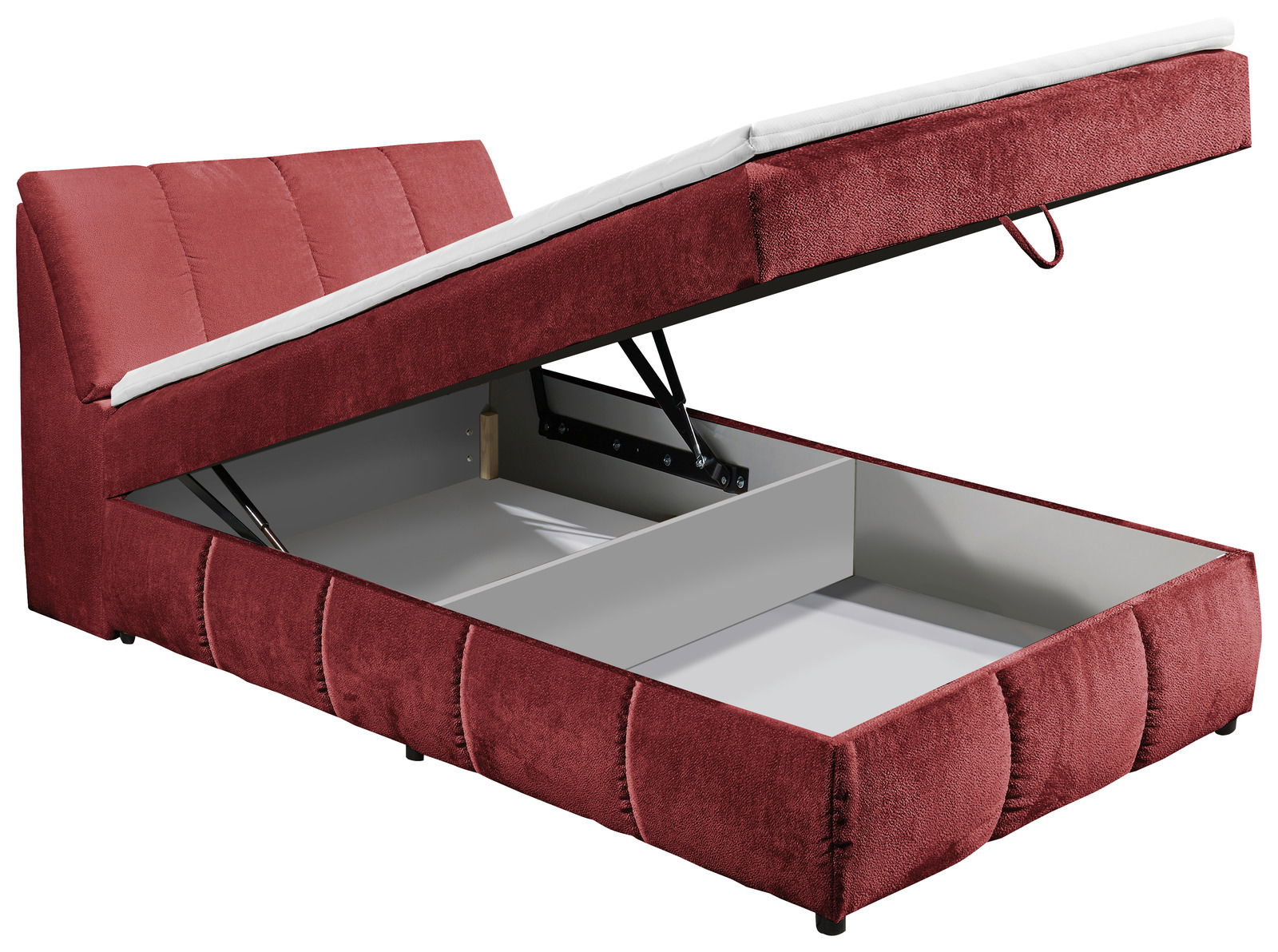 Boxspringbett in Rot mit geöffnetem Stauraum, seitliche Perspektive