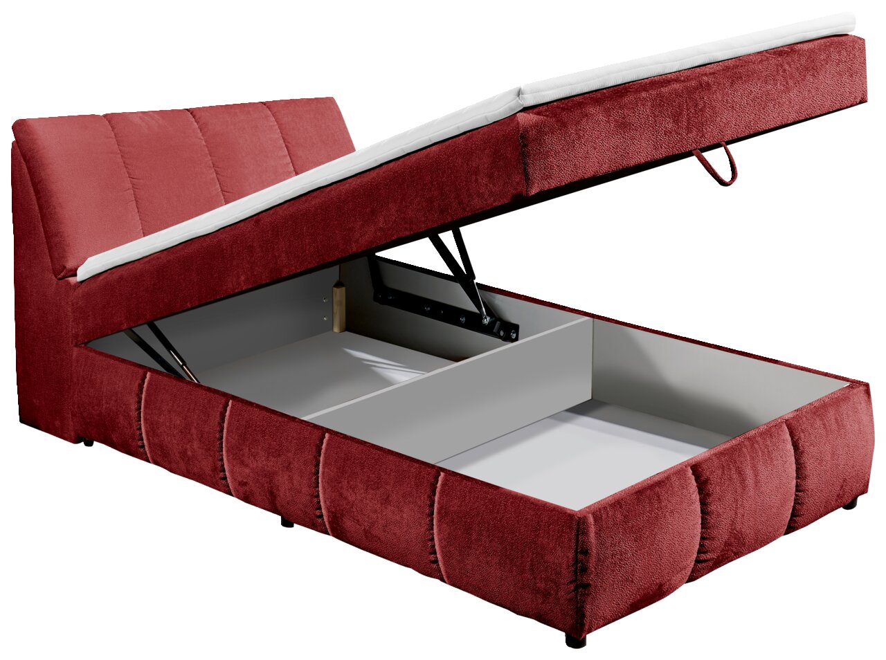Boxspringbett in Rot mit geöffnetem Stauraum, seitliche Perspektive