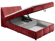 Boxspringbed in rood met open opbergruimte, zijaanzicht