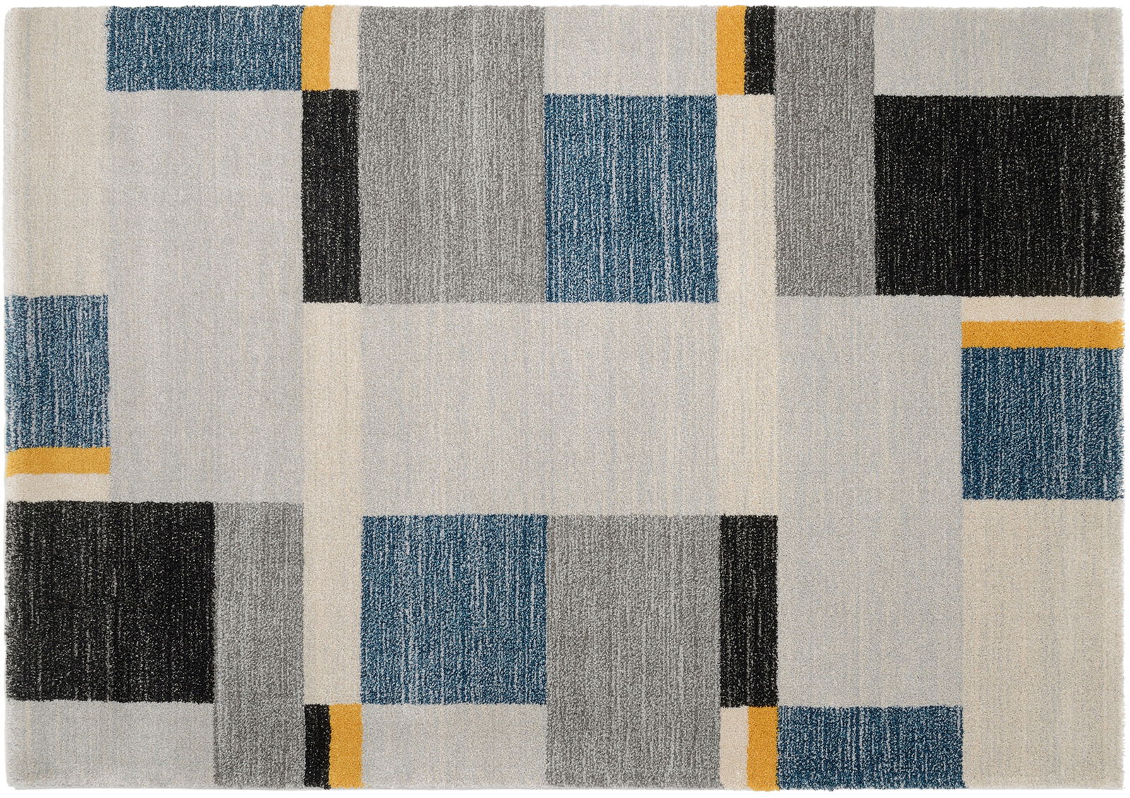 Moderner Teppich mit geometrischem Muster in Blau, Grau, Schwarz und Gelb, Draufsicht.