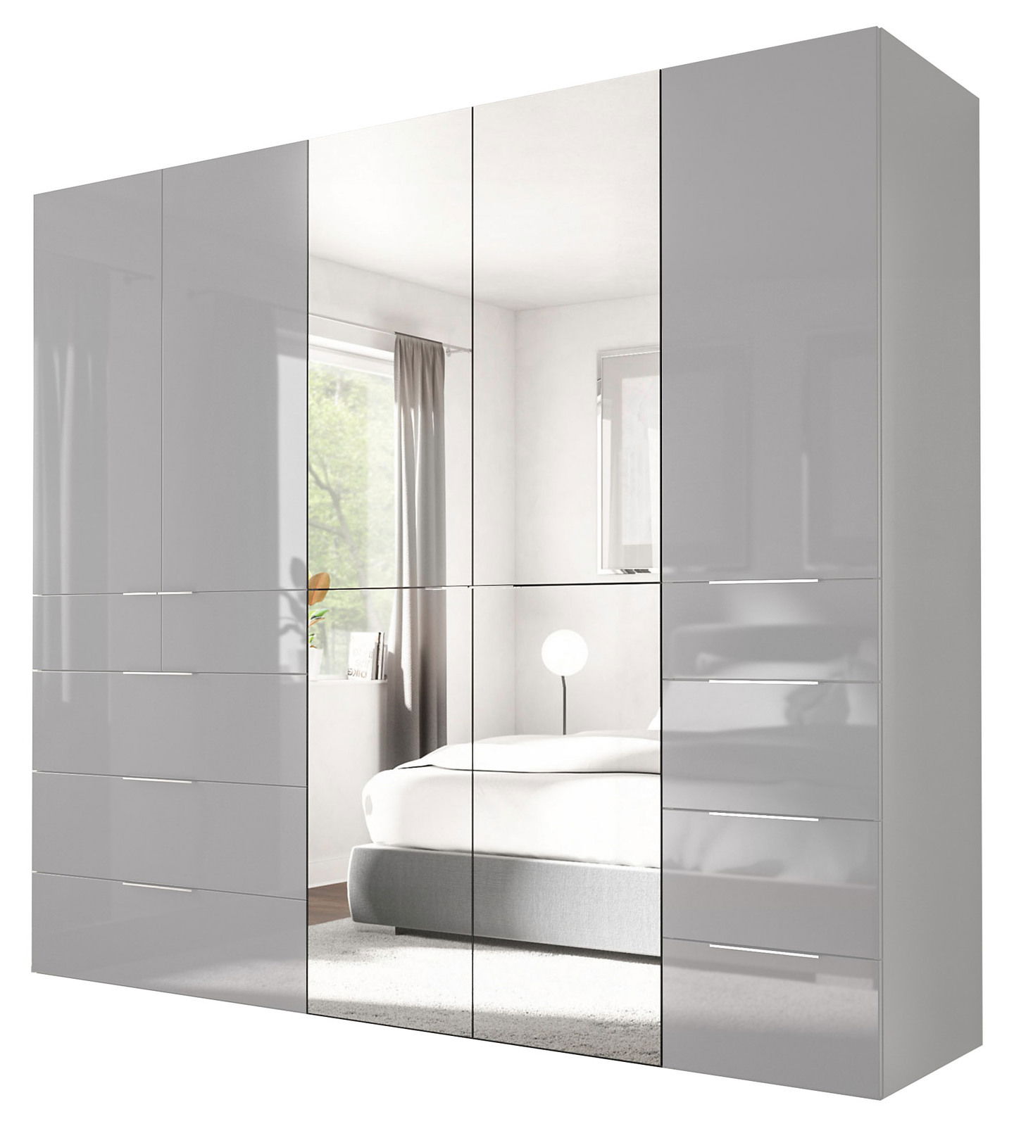 Moderner Spiegel-Stauraumschrank mit mehreren Türen und Schubladen, frontal abgebildet.