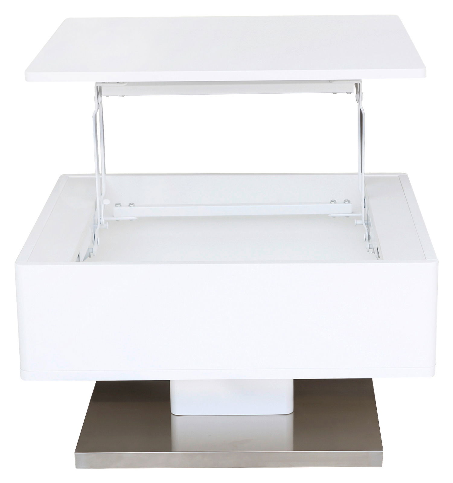 Moderner weißer Couchtisch mit verstellbarer Tischplatte, Frontansicht