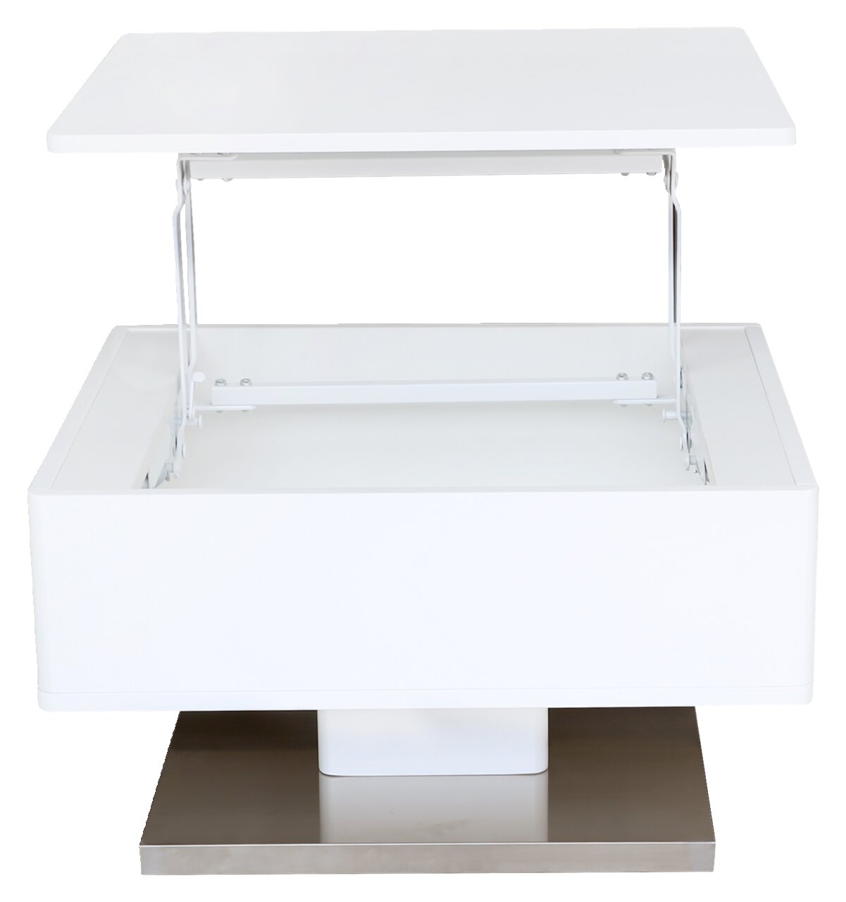 Moderner weißer Couchtisch mit verstellbarer Tischplatte, Frontansicht
