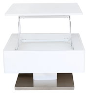 Moderner weißer Couchtisch mit verstellbarer Tischplatte, Frontansicht