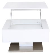 Moderner weißer Couchtisch mit verstellbarer Tischplatte, Frontansicht