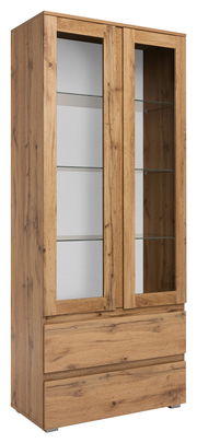 Holzvitrine mit Glastüren und zwei Schubladen, seitliche Perspektive