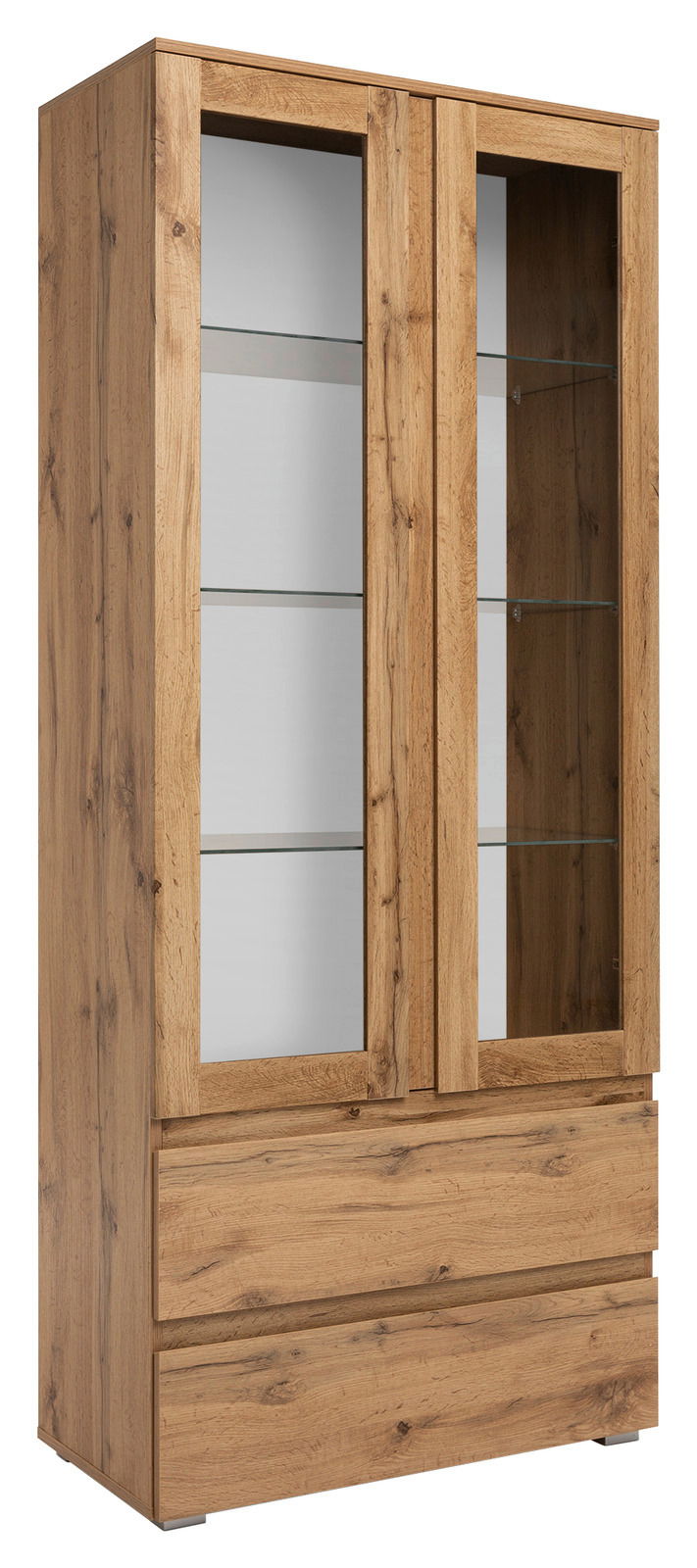 Holzvitrine mit Glastüren und zwei Schubladen, seitliche Perspektive
