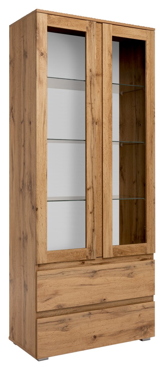 Holzvitrine mit Glastüren und zwei Schubladen, seitliche Perspektive