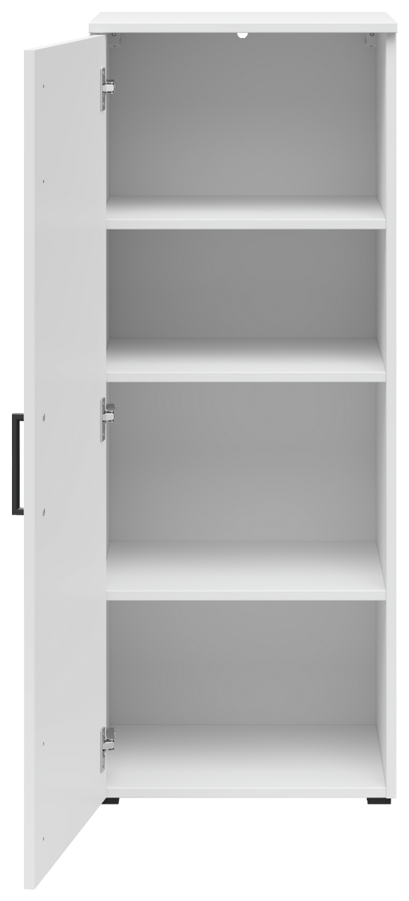 Weiße Kommode mit geöffneter Tür, drei Regalböden sichtbar, Frontalansicht