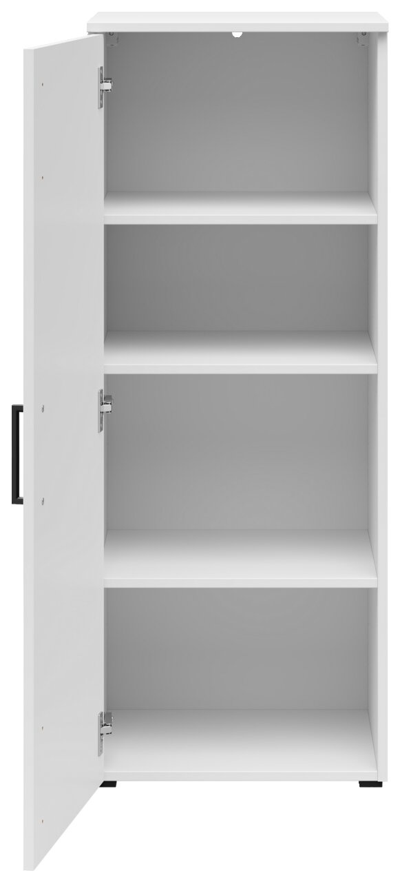 Weiße Kommode mit geöffneter Tür, drei Regalböden sichtbar, Frontalansicht