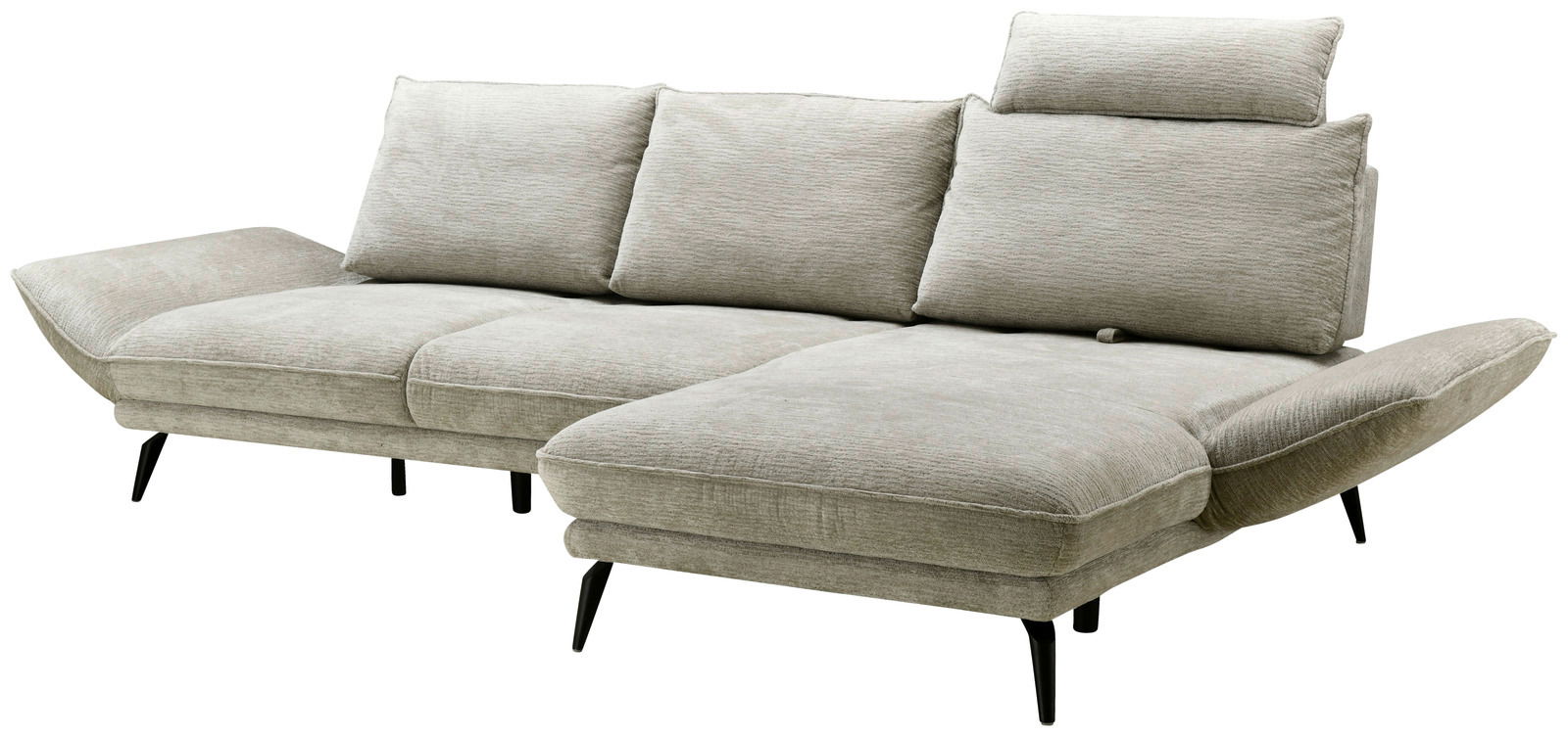 Graues Longchair-Sofa mit verstellbaren Kopfstützen und schwarzen Beinen, seitliche Perspektive