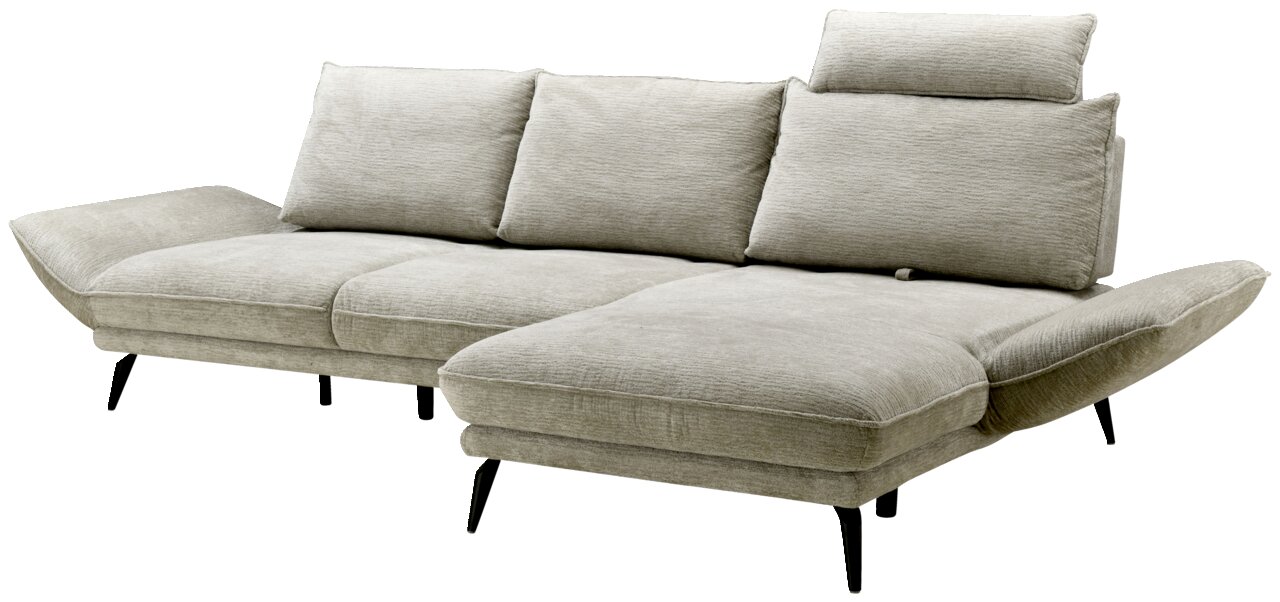 Graues Longchair-Sofa mit verstellbaren Kopfstützen und schwarzen Beinen, seitliche Perspektive