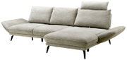 Graues Longchair-Sofa mit verstellbaren Kopfstützen und schwarzen Beinen, seitliche Perspektive
