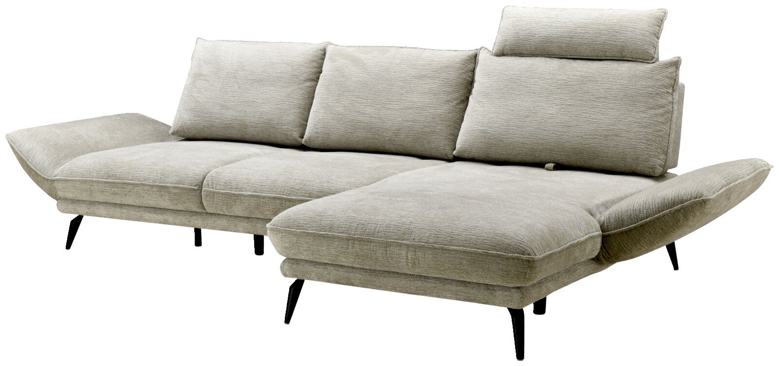 Graues Longchair-Sofa mit verstellbaren Kopfstützen und schwarzen Beinen, seitliche Perspektive