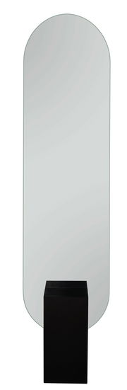 Standspiegel mit abgerundeten Ecken, 45x180cm, auf einem schwarzen Sockel stehend, Frontalansicht