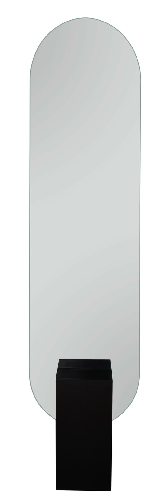 Standspiegel mit abgerundeten Ecken, 45x180cm, auf einem schwarzen Sockel stehend, Frontalansicht