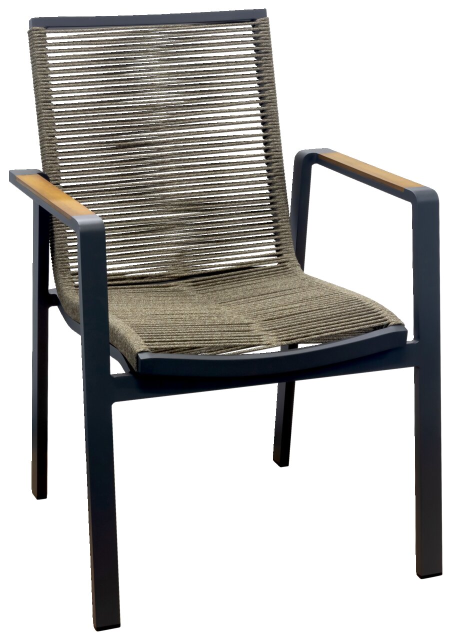 Moderner Stapelsessel mit Metallrahmen und geflochtener Sitzfläche, seitliche Perspektive