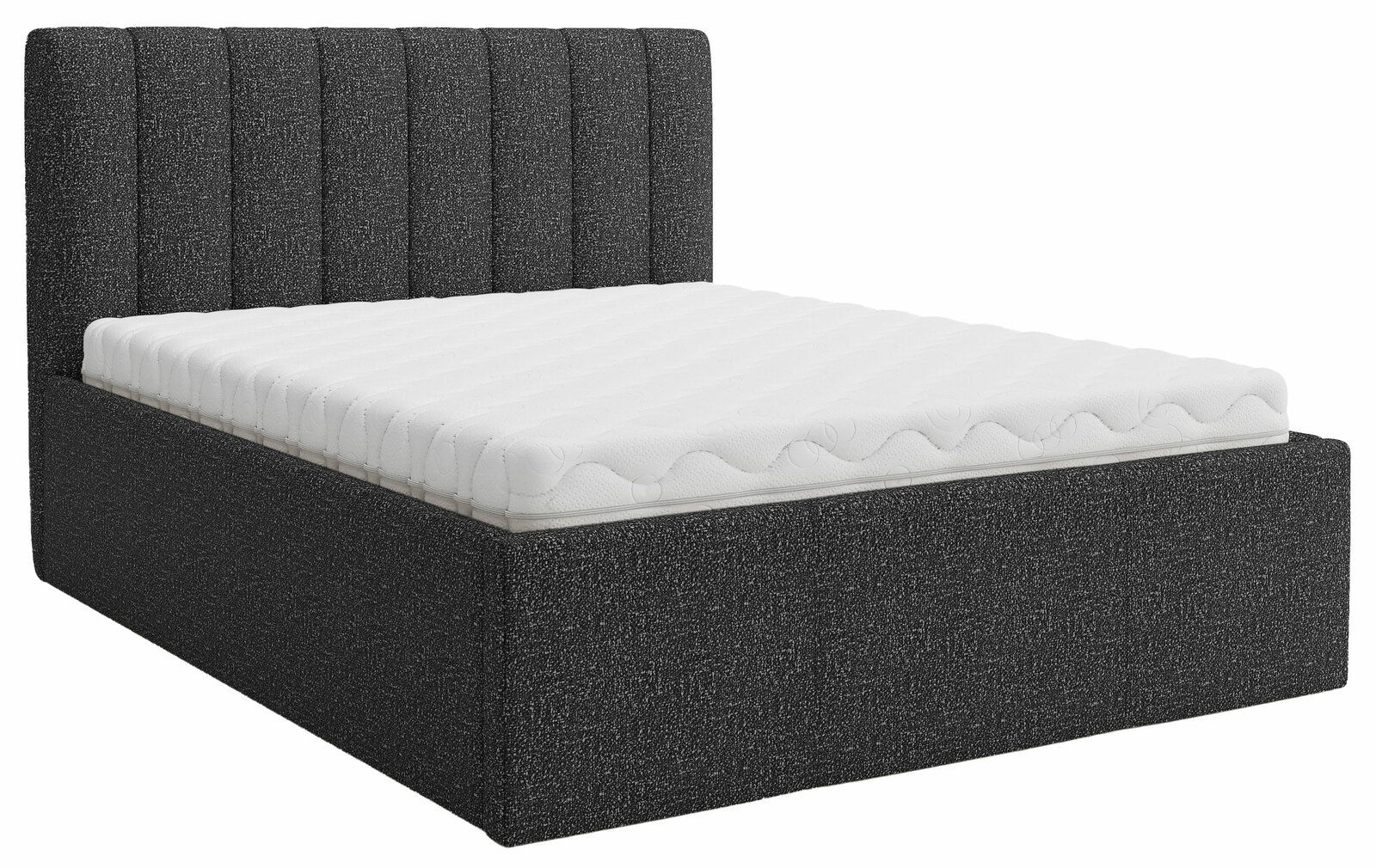 Polsterbett in dunklem Stoff mit gestepptem Kopfteil, seitliche Perspektive