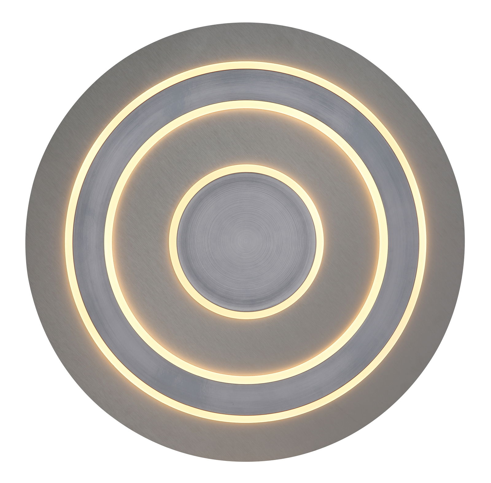 Globo Lighting Deckenleuchte JAYDEN Runde Deckenleuchte JAYDEN von Globo Lighting mit konzentrischen Kreisen und warmweißer Beleuchtung, Ansicht von unten.