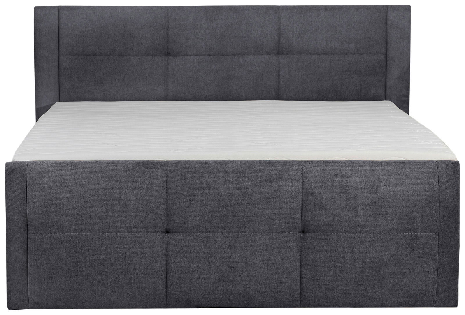 Frontale Ansicht eines grauen Boxspringbetts mit gepolstertem Kopfteil.