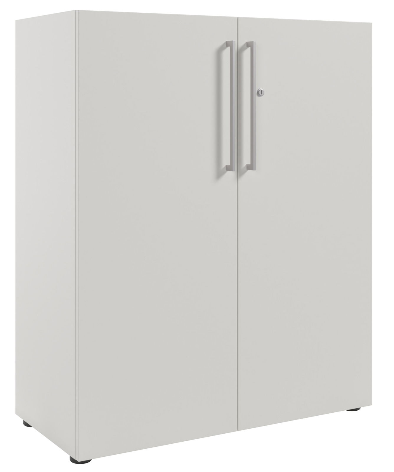 Weißer Aktenschrank mit zwei Türen und silbernen Griffen, seitliche Perspektive