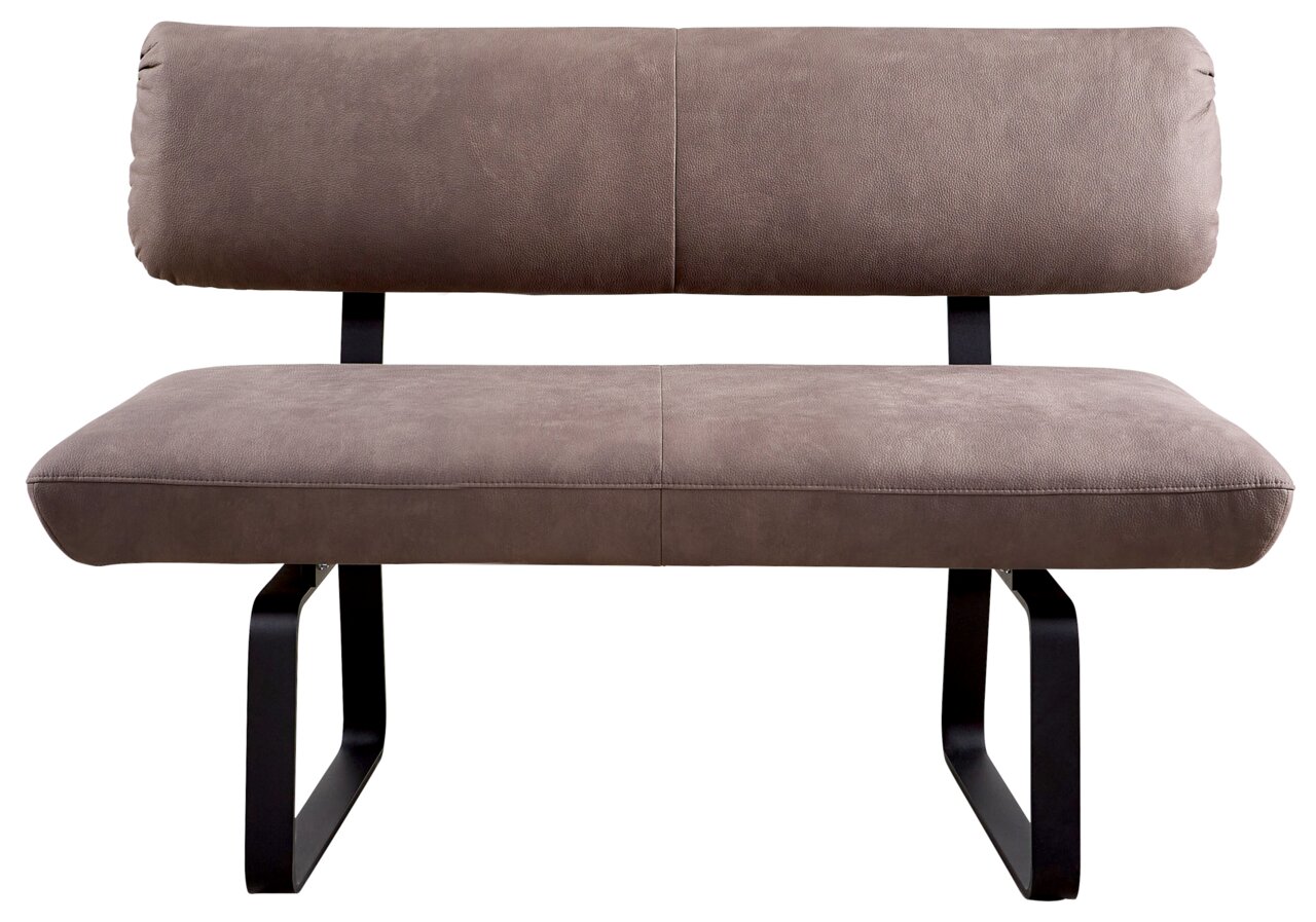 Venjakob Sitzbank 160cm P-7-IMPULS Frontale Ansicht einer modernen Sitzbank mit braunem Polster und schwarzen Metallbeinen.