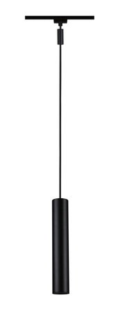 Zwarte cilindervormige hanglamp, gezien van onderaf, hangend aan een kabel die aan een plafondbevestiging is bevestigd.