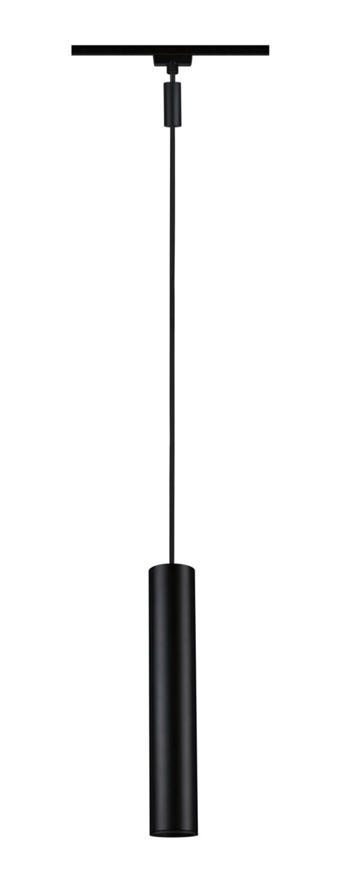 Zwarte cilindervormige hanglamp, gezien van onderaf, hangend aan een kabel die aan een plafondbevestiging is bevestigd.