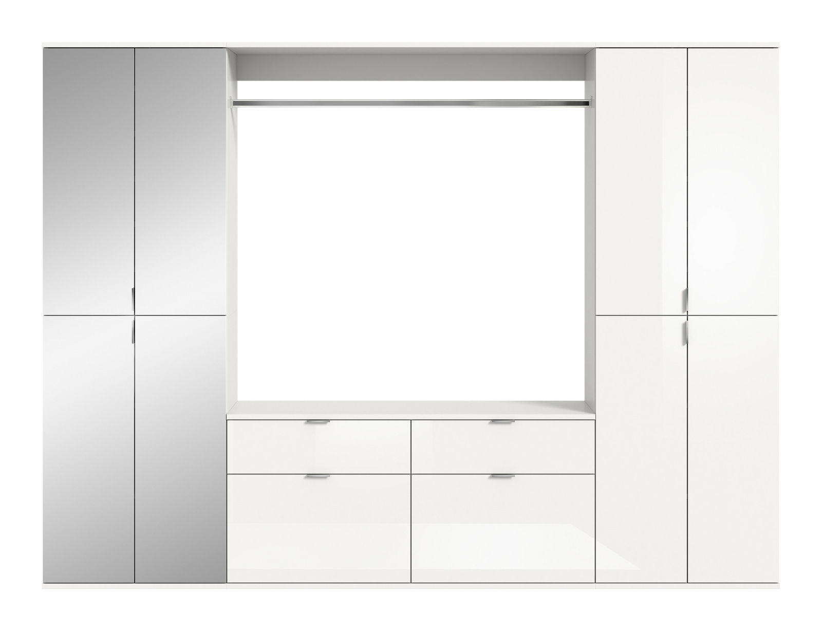 Frontale Ansicht einer modernen, weißen Garderobenkombination mit mehreren Schränken und Schubladen.