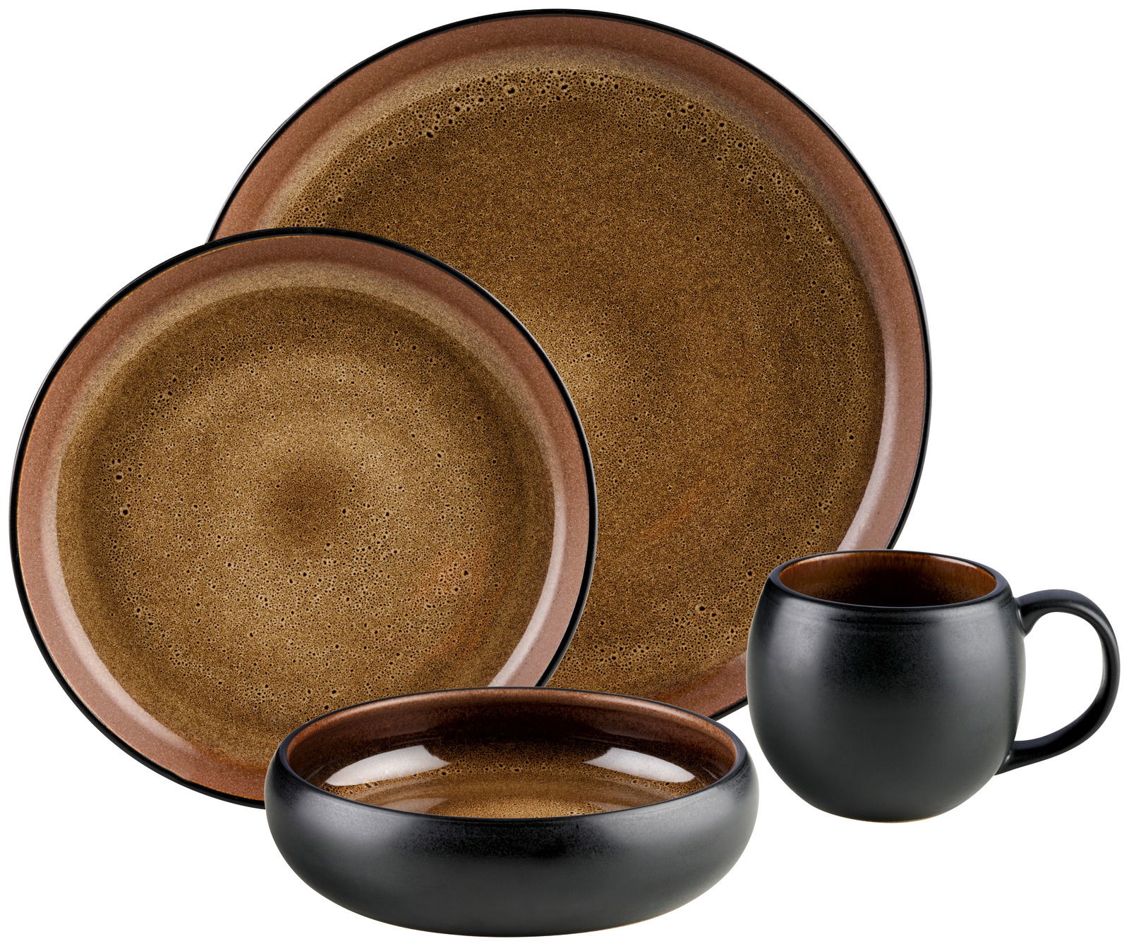 Kombiservice 16-tlg. in braunem und schwarzem Design, bestehend aus zwei Tellern, einer Schale und einer Tasse, aus der Vorderansicht.
