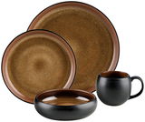 Kombiservice 16-tlg. in braunem und schwarzem Design, bestehend aus zwei Tellern, einer Schale und einer Tasse, aus der Vorderansicht.