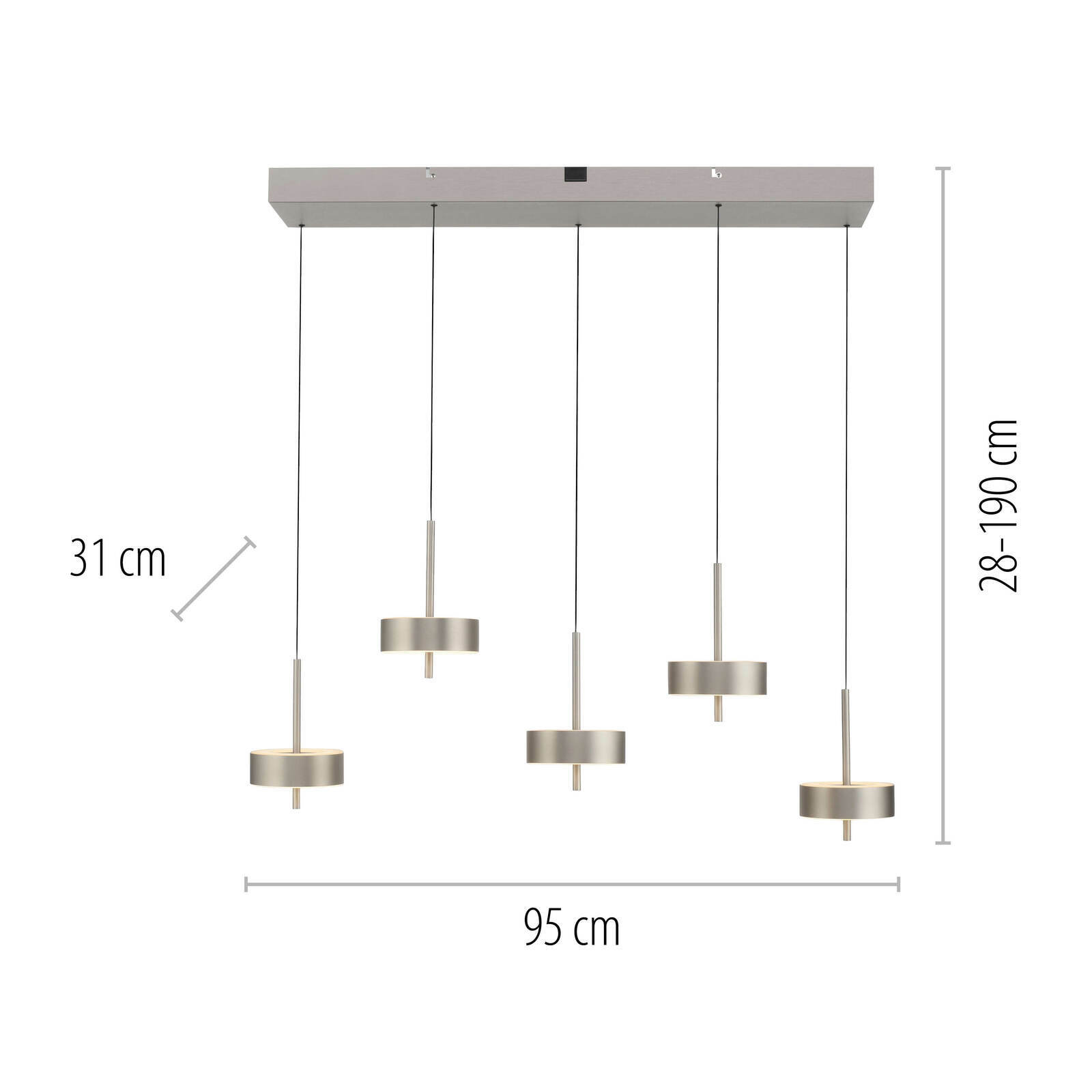 Moderne Pendelleuchte Q-ROTATE mit fünf verstellbaren Leuchten, frontale Ansicht, Maße: 95 cm Breite, 31 cm Durchmesser, höhenverstellbar von 28 bis 190 cm.