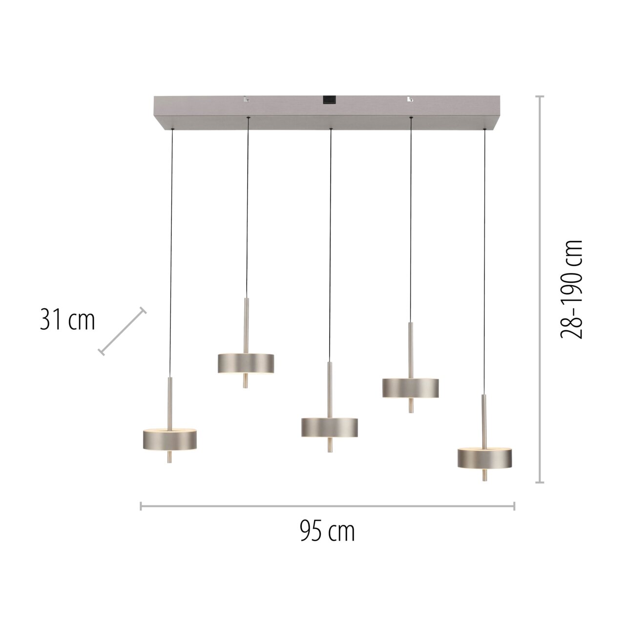 Moderne Pendelleuchte Q-ROTATE mit fünf verstellbaren Leuchten, frontale Ansicht, Maße: 95 cm Breite, 31 cm Durchmesser, höhenverstellbar von 28 bis 190 cm.