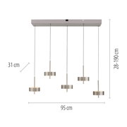 Moderne Pendelleuchte Q-ROTATE mit fünf verstellbaren Leuchten, frontale Ansicht, Maße: 95 cm Breite, 31 cm Durchmesser, höhenverstellbar von 28 bis 190 cm.