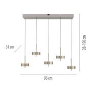 Moderne Pendelleuchte Q-ROTATE mit fünf verstellbaren Leuchten, frontale Ansicht, Maße: 95 cm Breite, 31 cm Durchmesser, höhenverstellbar von 28 bis 190 cm.