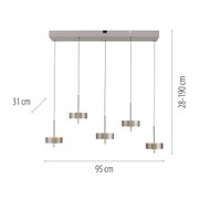 Moderne Pendelleuchte Q-ROTATE mit fünf verstellbaren Leuchten, frontale Ansicht, Maße: 95 cm Breite, 31 cm Durchmesser, höhenverstellbar von 28 bis 190 cm.